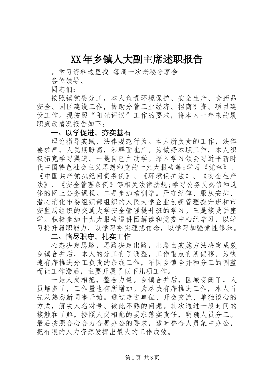 XX年乡镇人大副主席述职报告_第1页