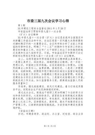 市委三届九次会议学习心得 