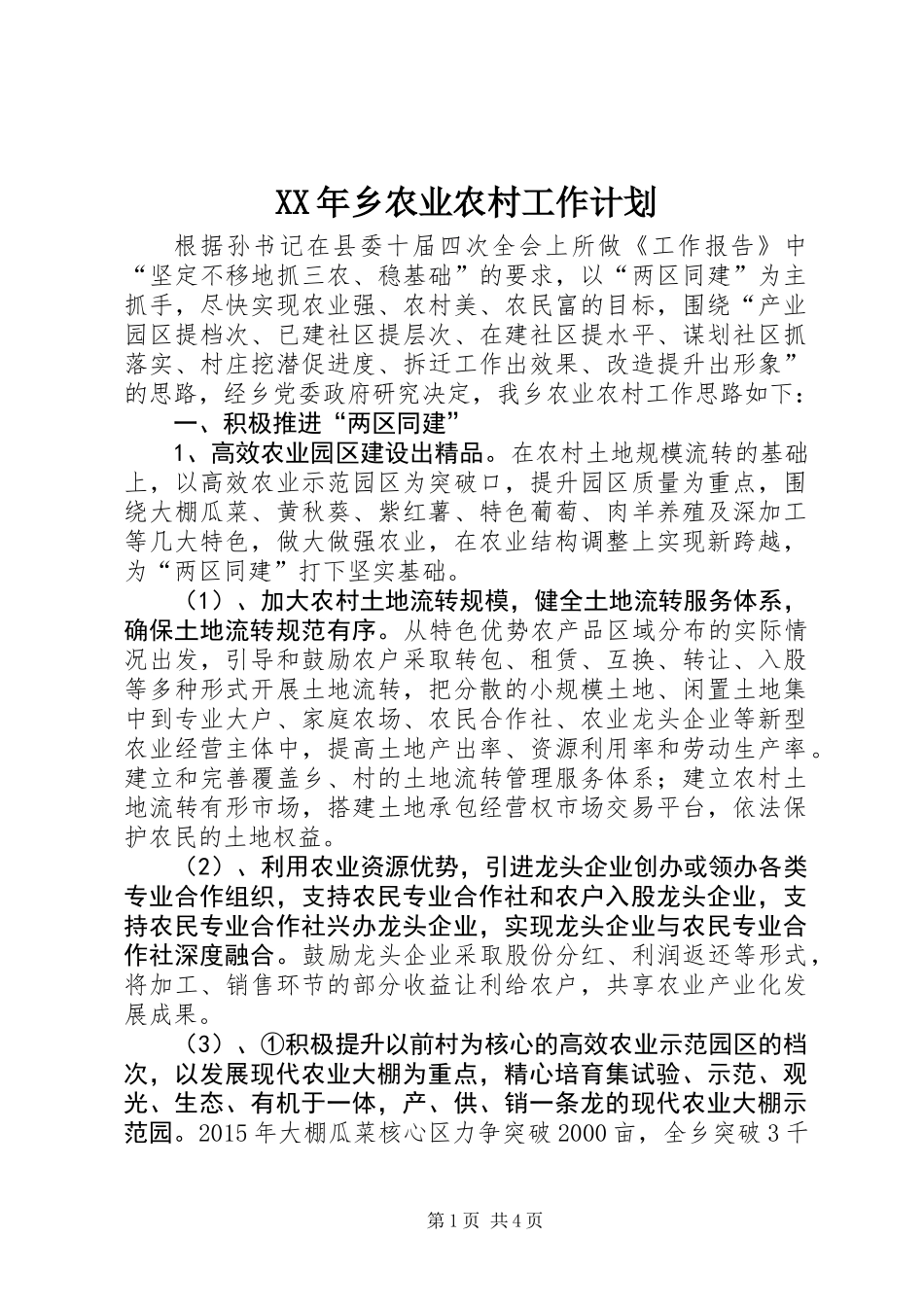XX年乡农业农村工作计划_第1页