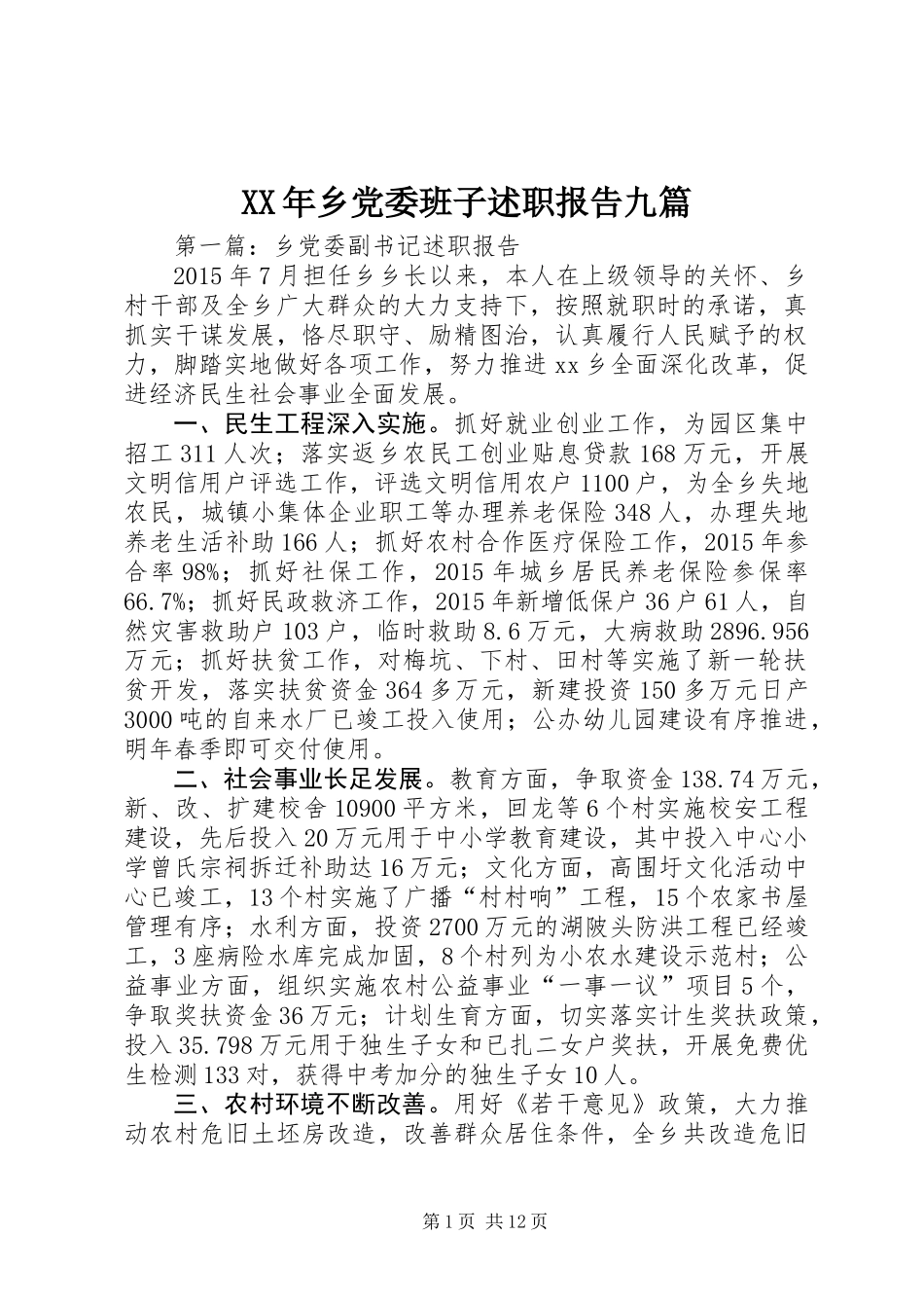 XX年乡党委班子述职报告九篇_第1页