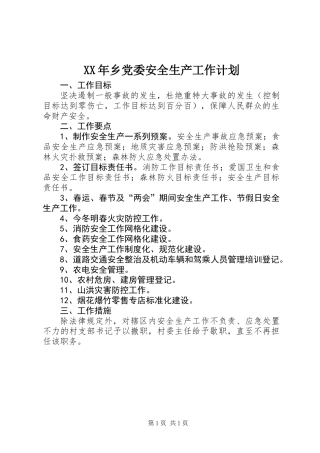 XX年乡党委安全生产工作计划