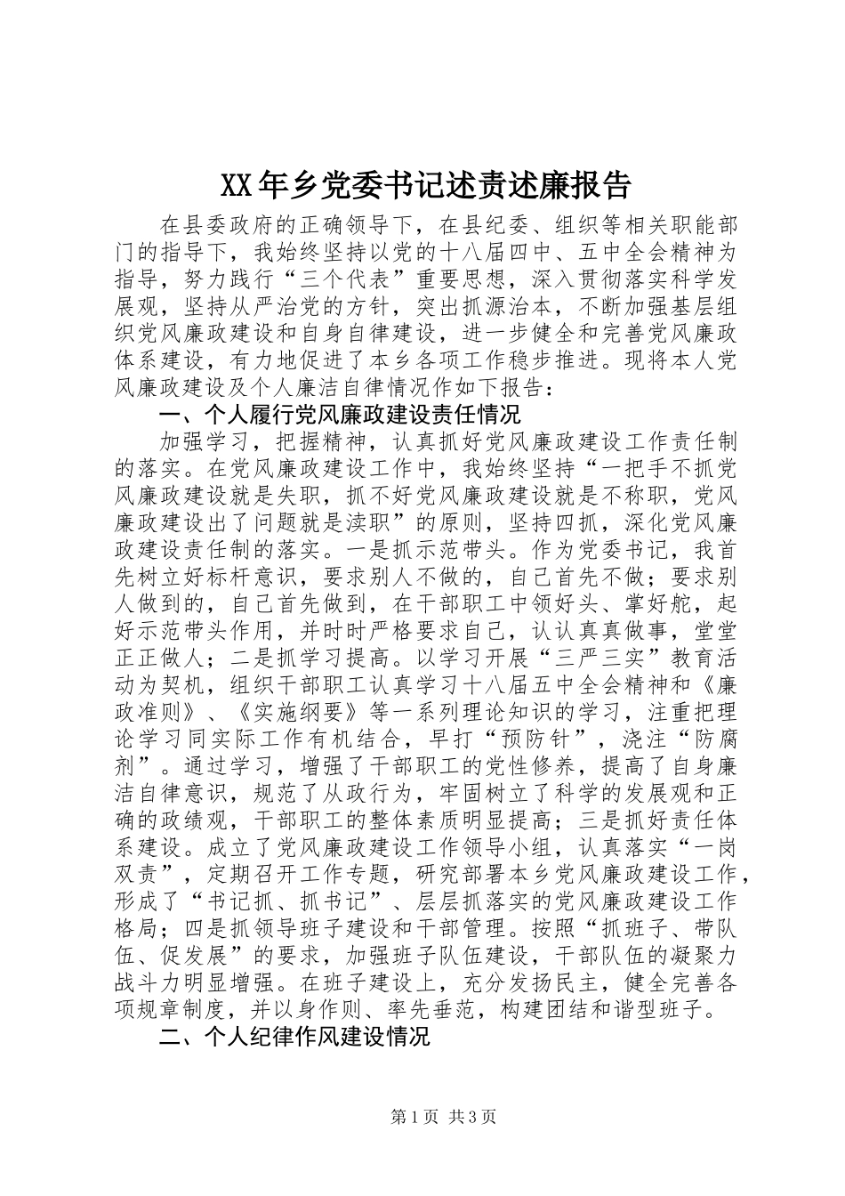 XX年乡党委书记述责述廉报告_第1页