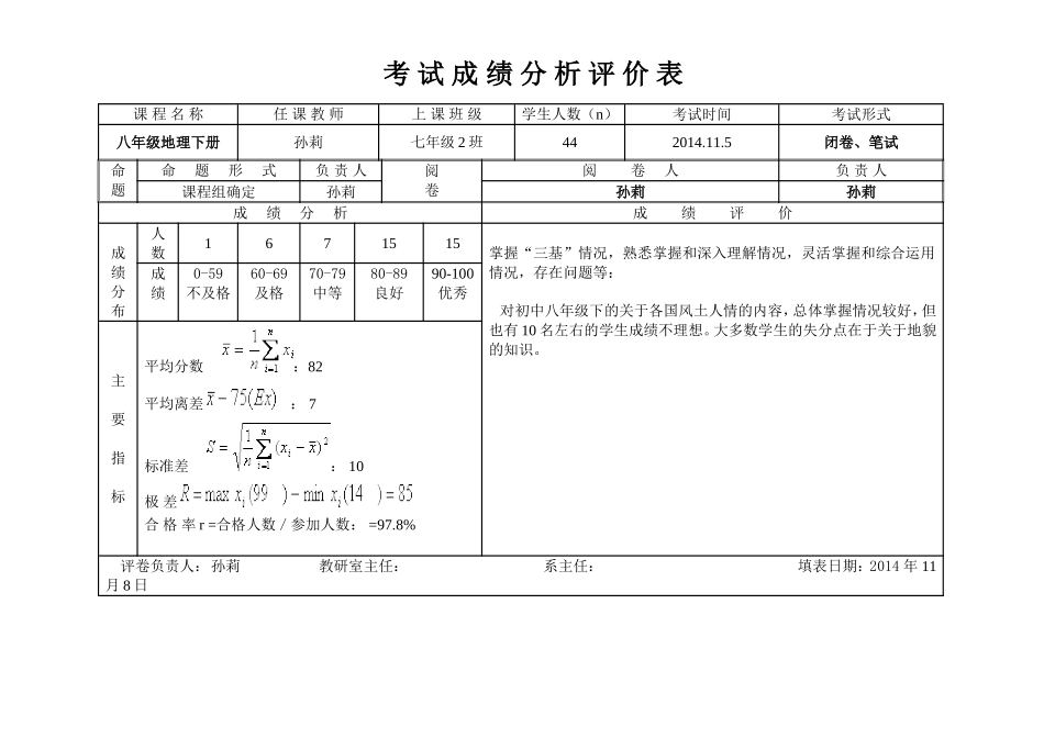 考试成绩分析评价表MicrosoftWord文档_第1页