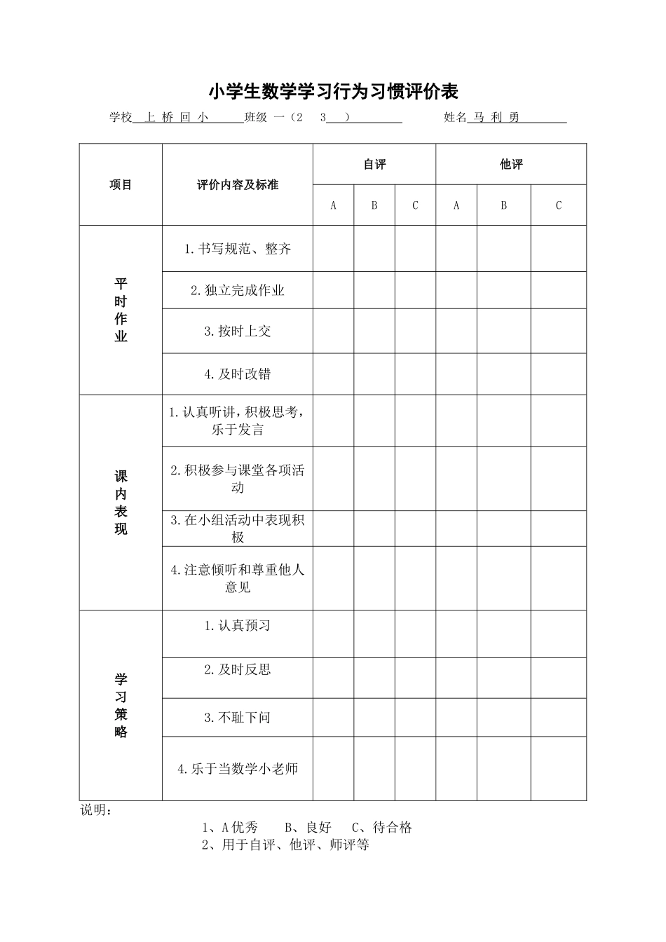 小学生数学学习行为习惯评价表_第1页