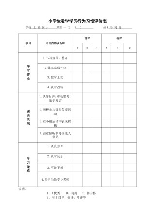 小学生数学学习行为习惯评价表