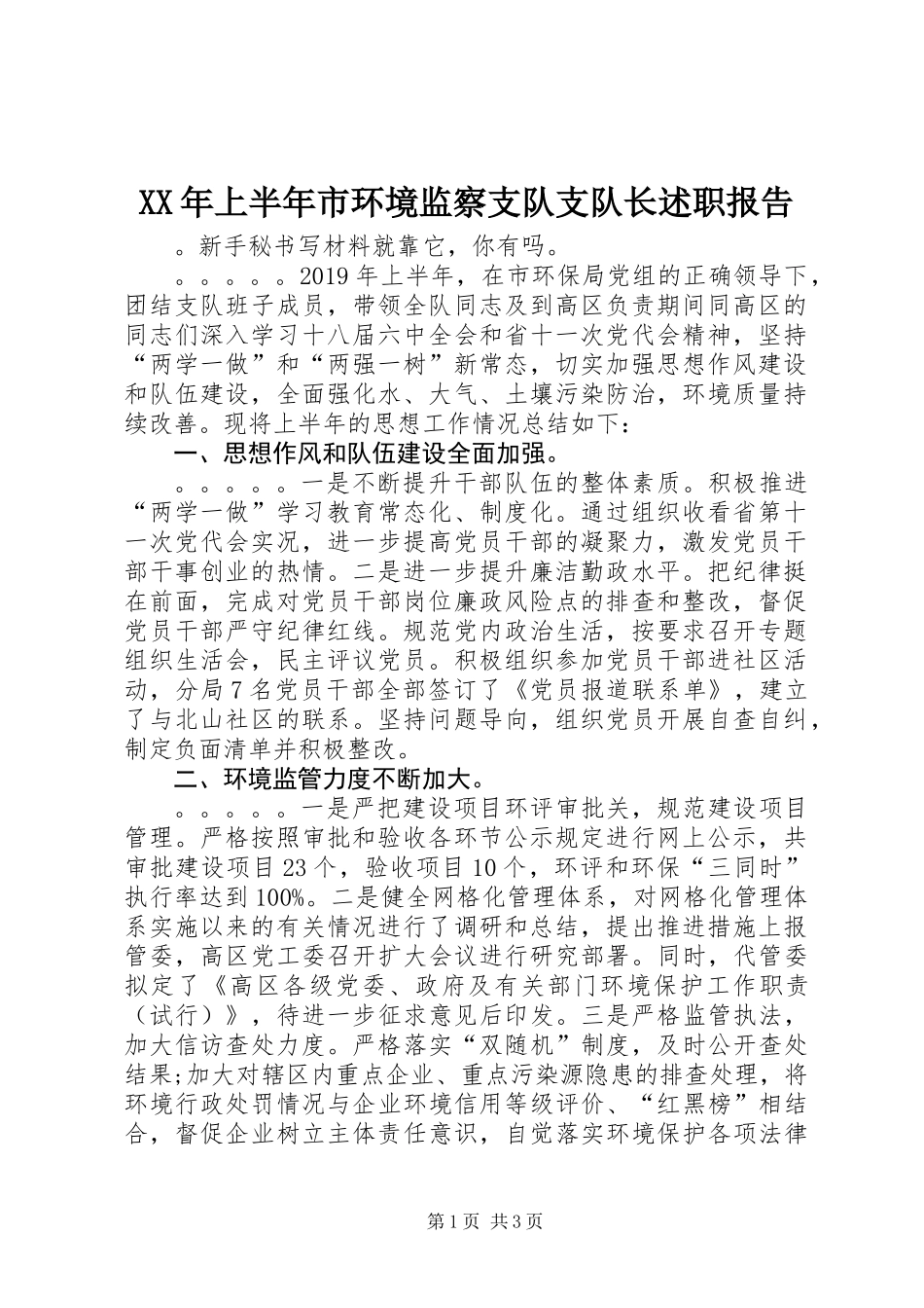 XX年上半年市环境监察支队支队长述职报告_第1页