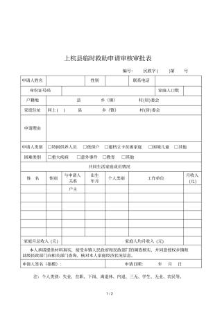 2019年上杭临时救助申请审核审批表
