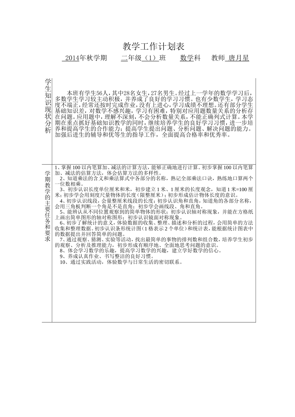 2013年秋二年级上册数学教学计划_第1页
