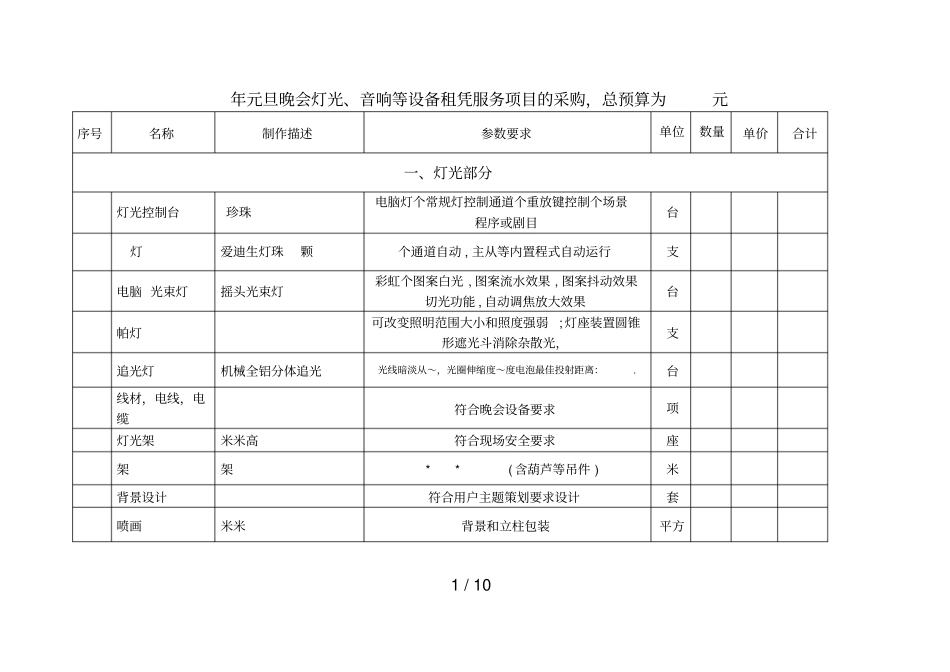 2019年元旦晚会灯光、音响等设备租凭服务项目的采购,总预_第1页