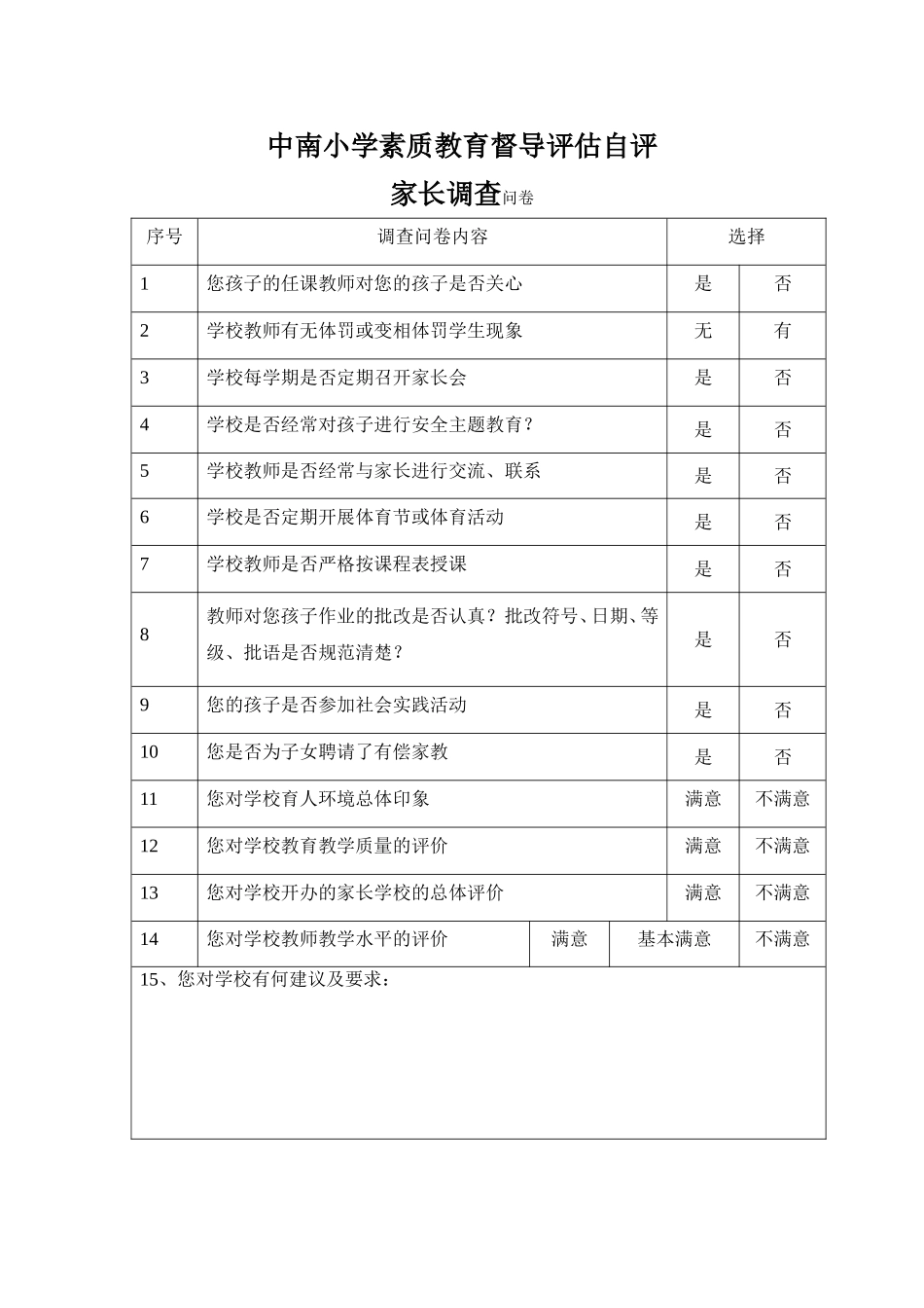 中南小学素质教育督导评估调查问卷_第1页