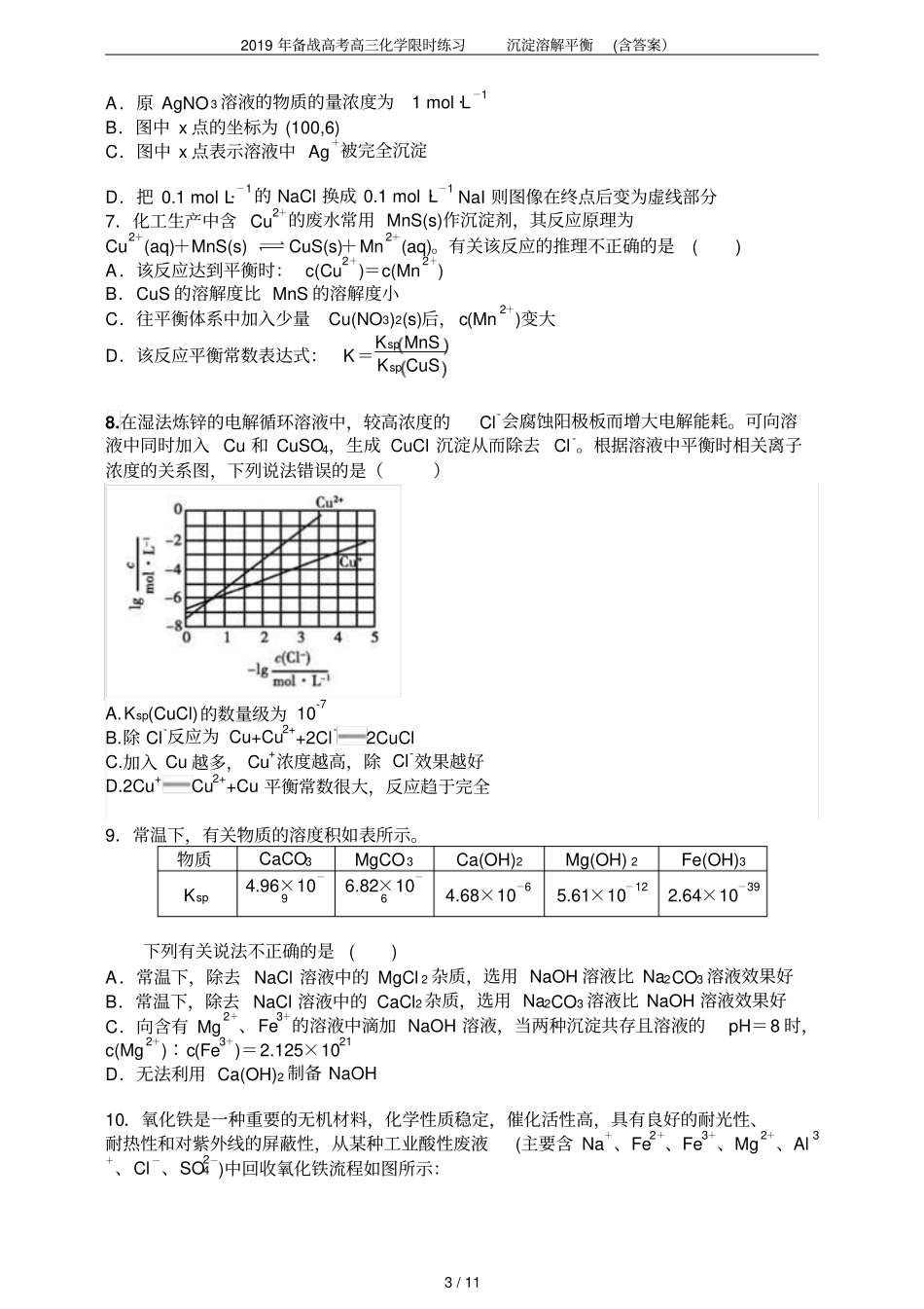 2019年备战高考高三化学限时练习沉淀溶解平衡含答案_第3页