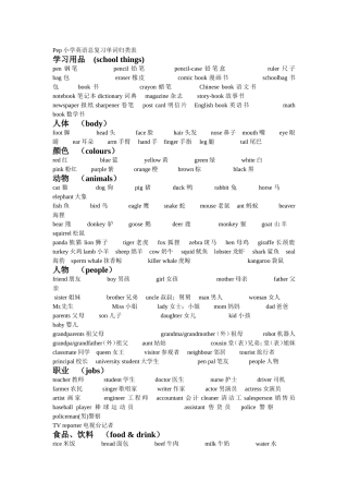 Pep小学英语总复习单词归类表