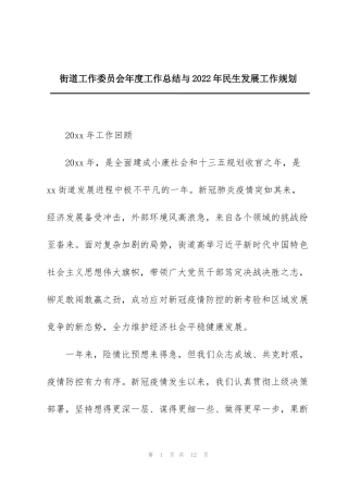 街道工作委员会年度工作总结与2022年民生发展工作规划