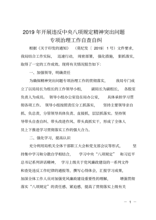 2019年开展违反中央八项规定精神突出问题专项治理工作自查自纠