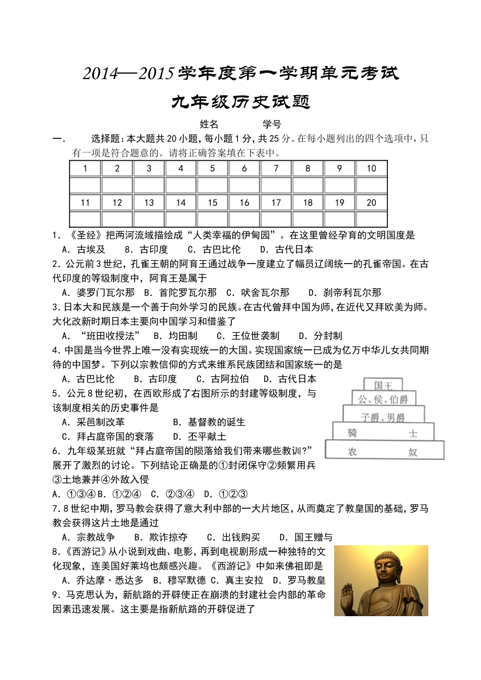 2014—2015学年度第一学期期中考试九年级历史试题_第1页
