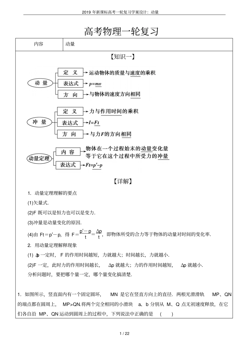 2019年新课标高考一轮复习学案设计：动量_第1页