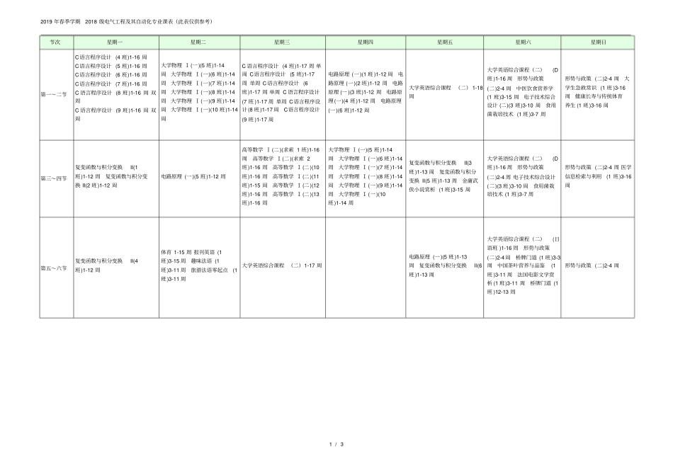 2019年春季学期2018级电气工程及其自动化专业课表此表_第1页