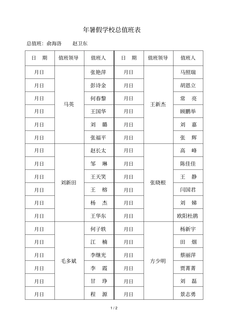 2019年暑假学校总值班表_第1页
