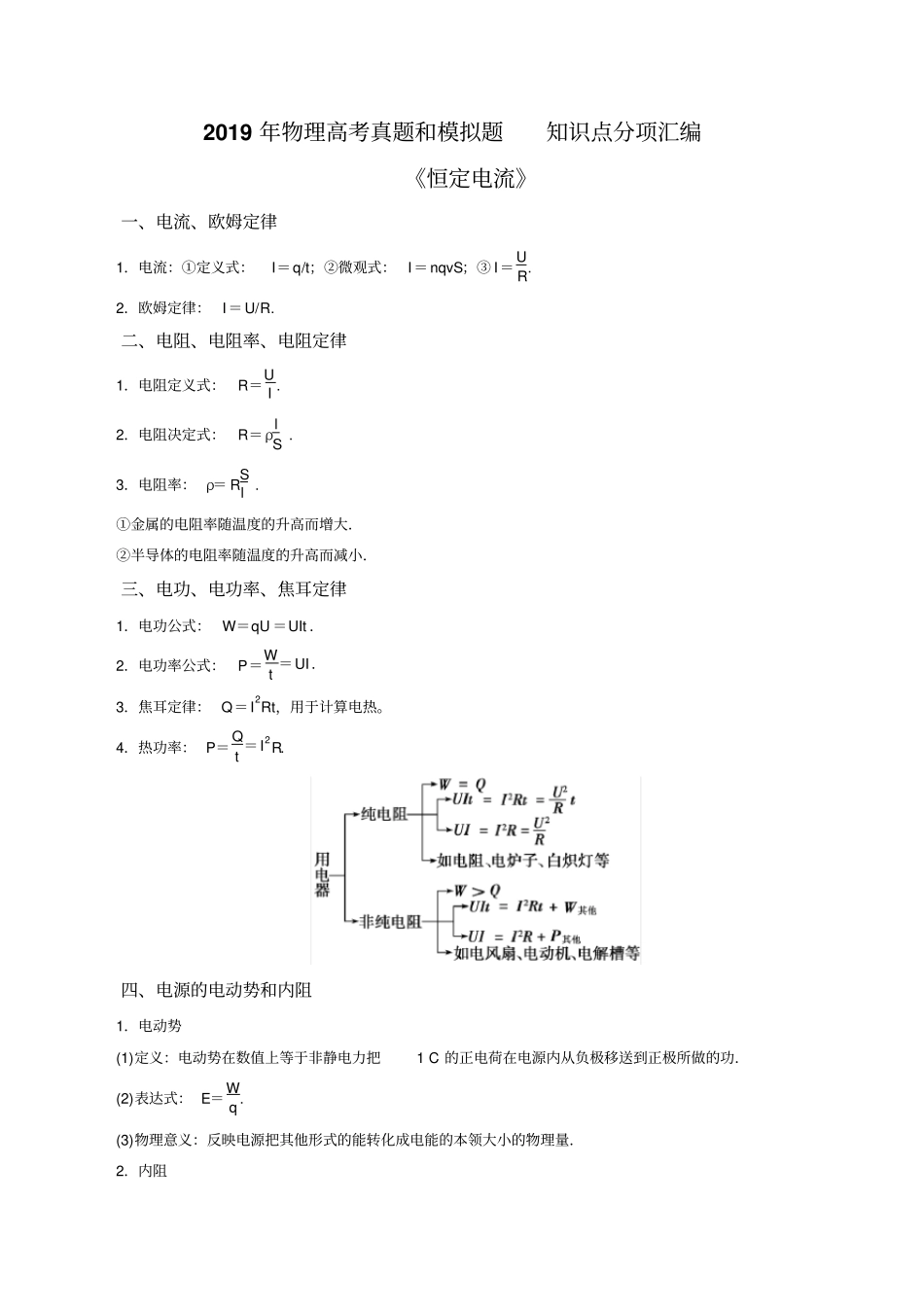 2019年高考一轮复习恒定电流真题、模拟题、知识点总结分项汇编_第1页