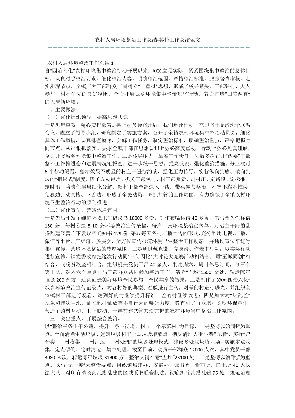 农村人居环境整治工作总结-其他工作总结范文 _第1页