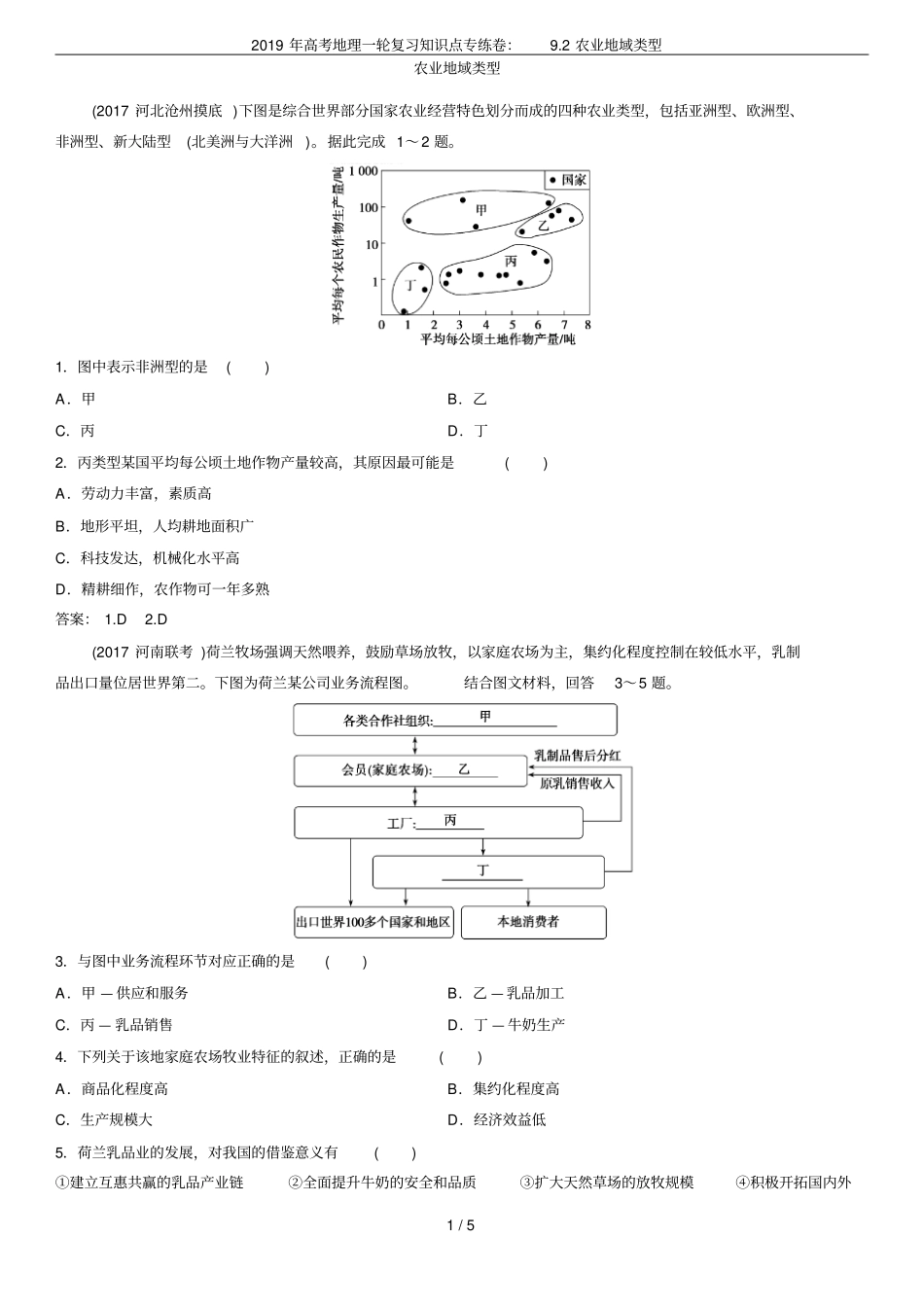 2019年高考地理一轮复习知识点专练卷：92农业地域类型_第1页