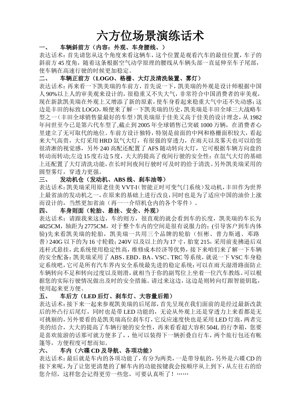 凯美瑞六方位绕车介绍话术_第1页