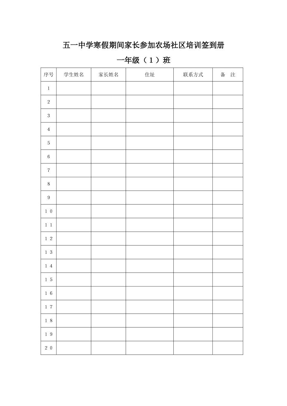 五一中学寒假期间家长参加农场社区培训签到册_第1页