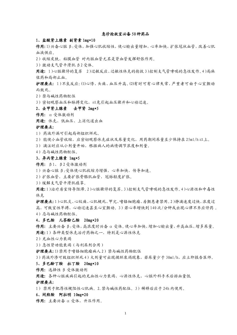 急诊抢救室必备50种药品知识_第1页