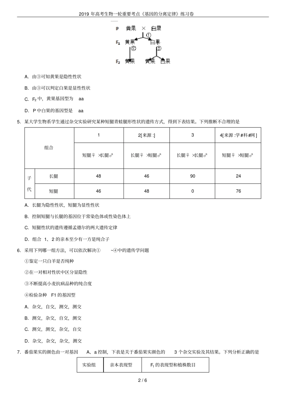 2019年高考生物一轮重要考点基因的分离定律练习卷_第2页