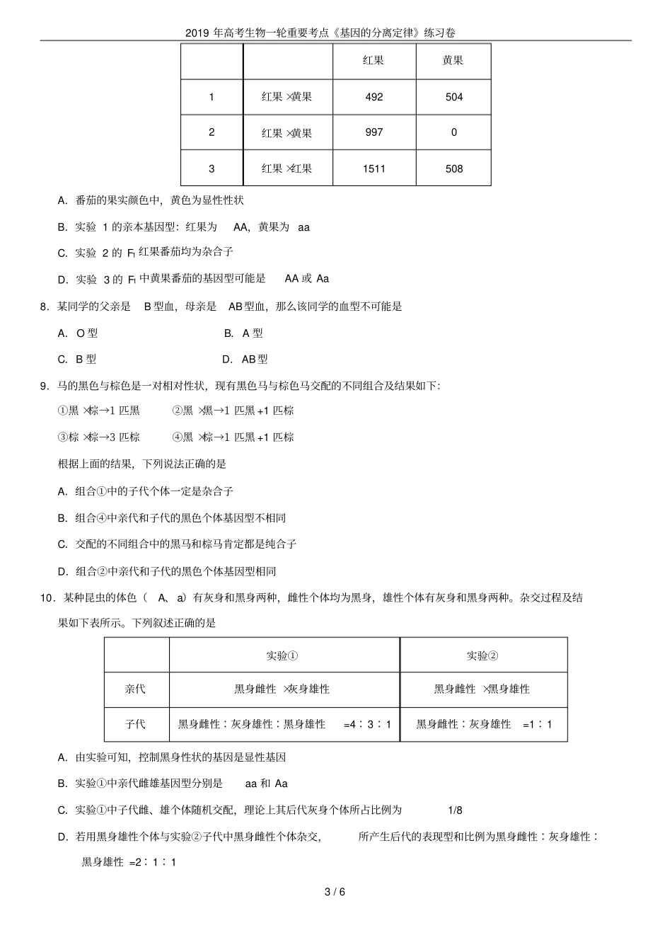 2019年高考生物一轮重要考点基因的分离定律练习卷_第3页