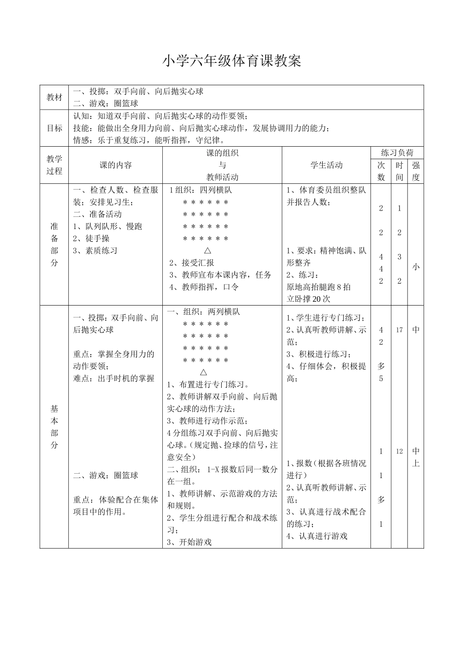 双手向前向后抛实心球教案_第1页