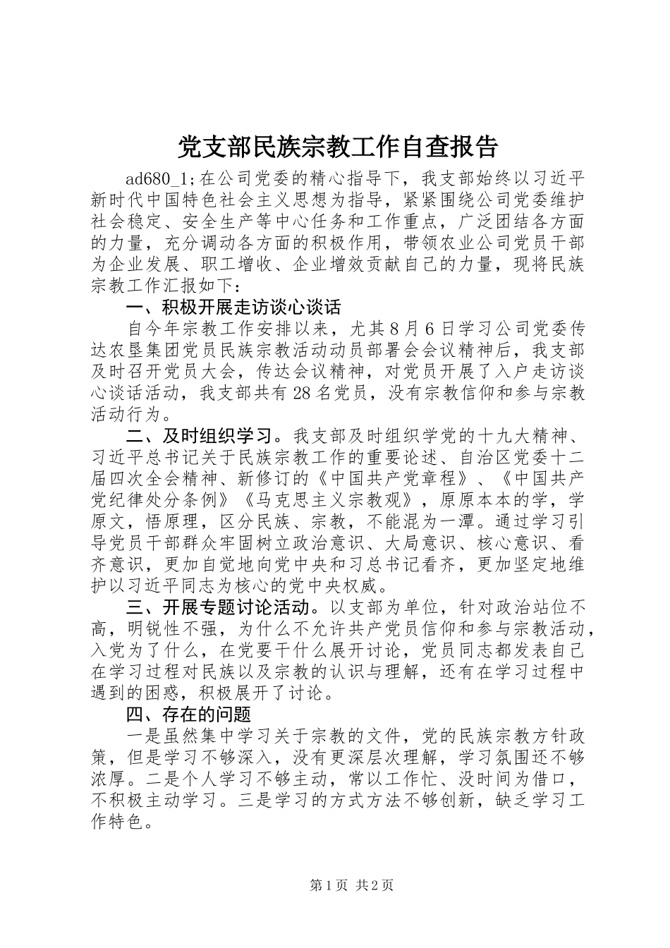 党支部民族宗教工作自查报告 (2)_第1页