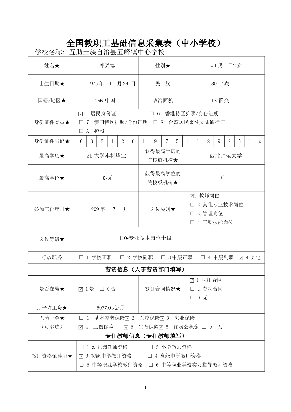 全国教职工基础信息采集表祁兴禧_第1页