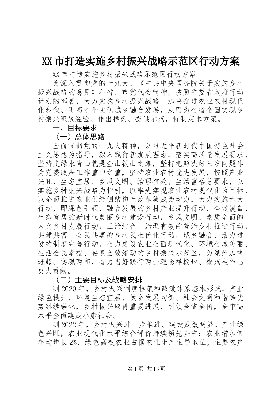 XX市打造实施乡村振兴战略示范区行动方案_第1页