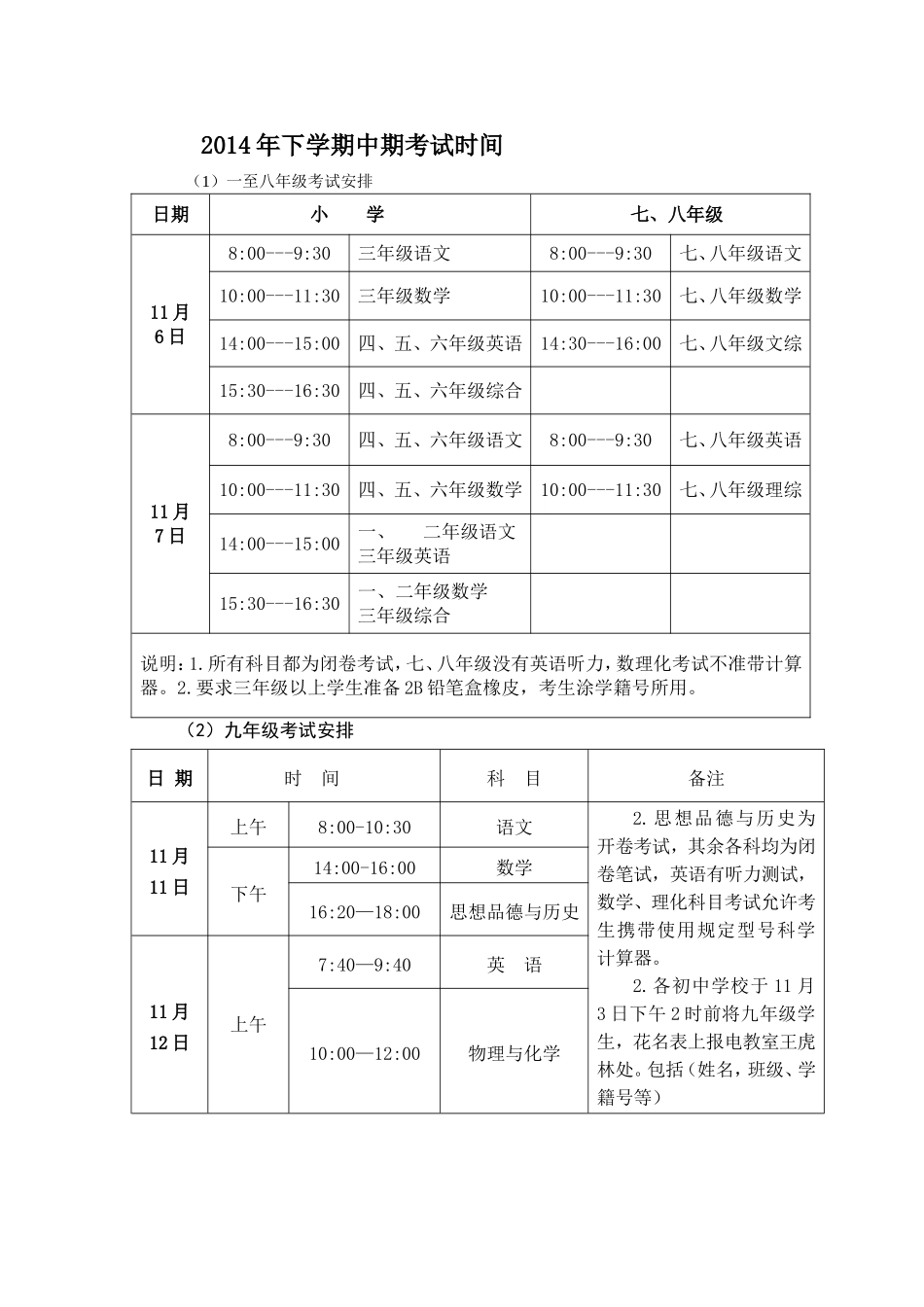 2014年下学期期中考试安排(1)_第1页