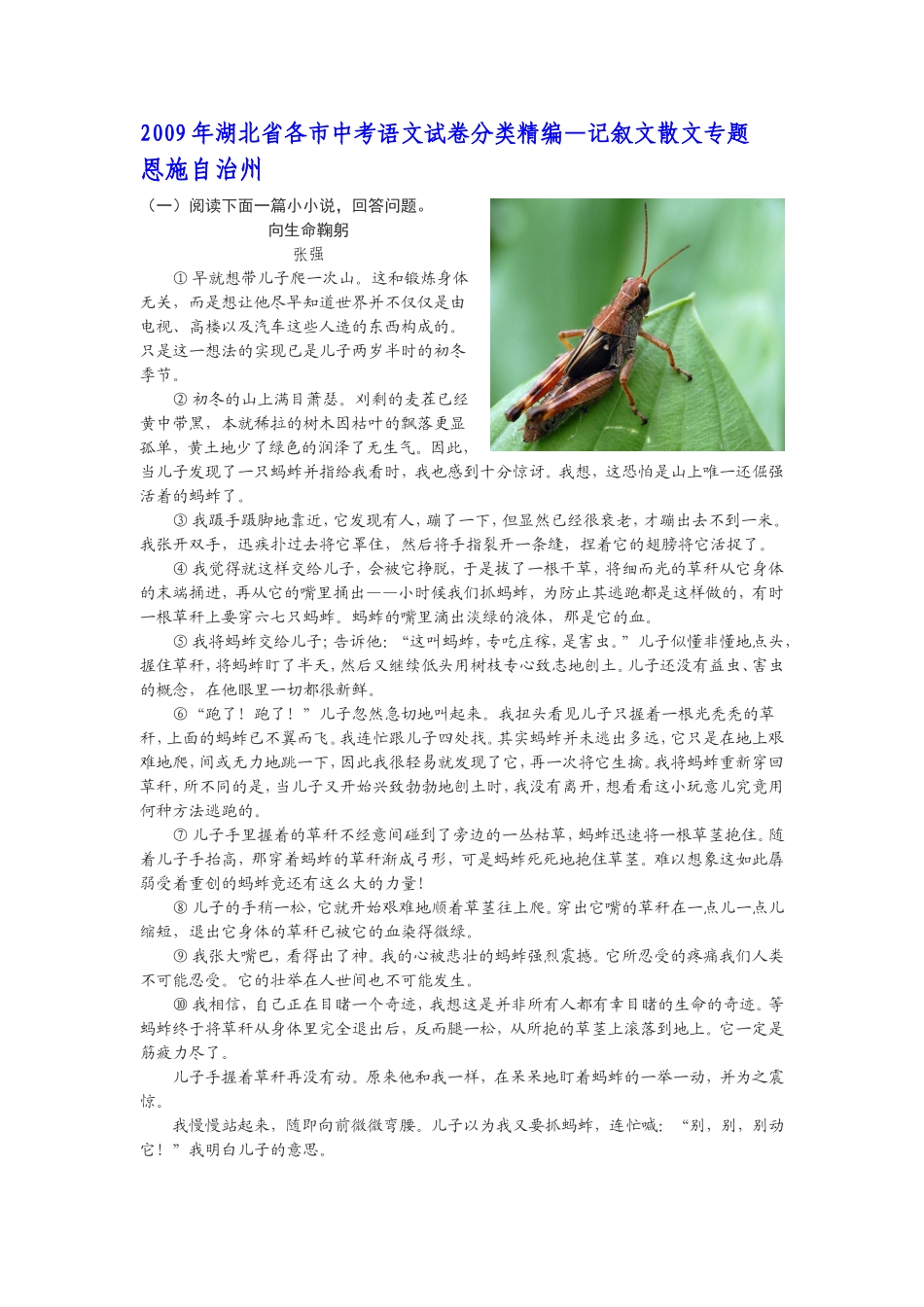 (原创资料)2009年湖北省各市中考语文试卷分类精编--记叙文散文专题_第1页