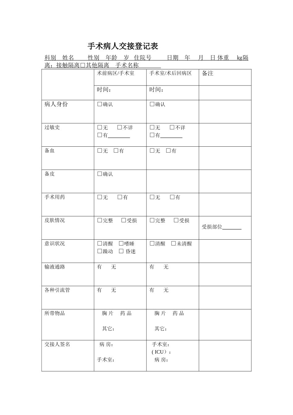 手术病人交接登记表_第1页