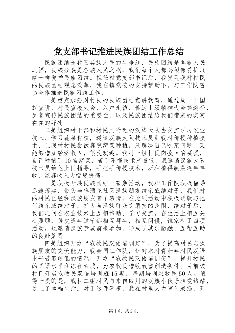 党支部书记推进民族团结工作总结_第1页