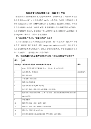 我国高警示药品推荐目录