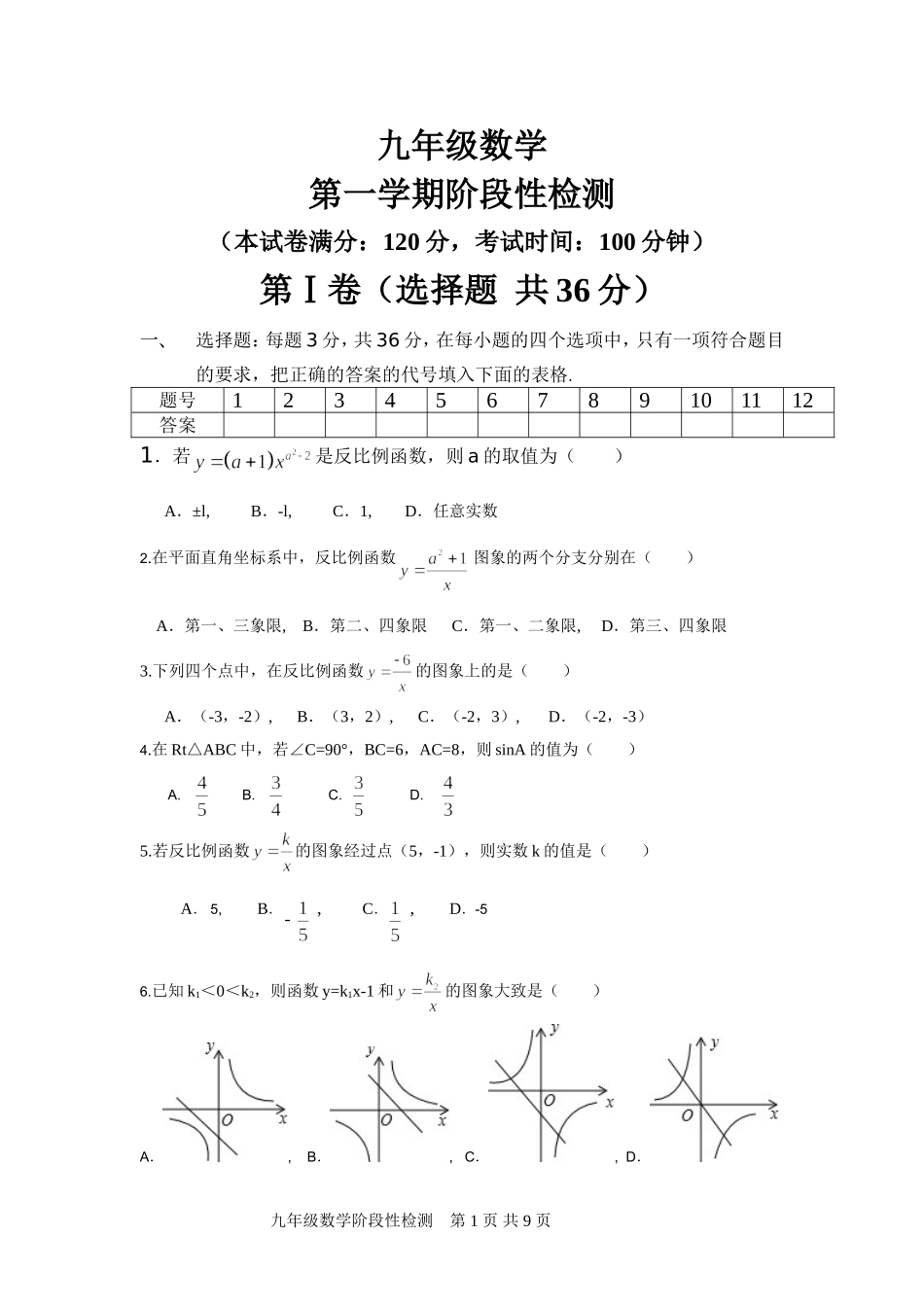 九年级数学第一学期阶段性检测_第1页