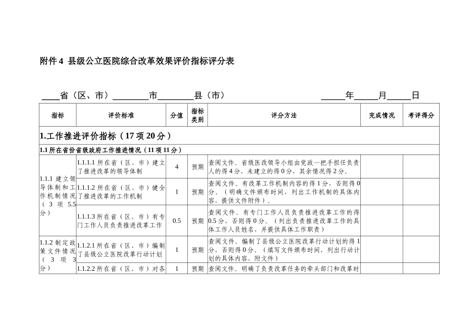公立医院综合改革效果指标评分表_第1页