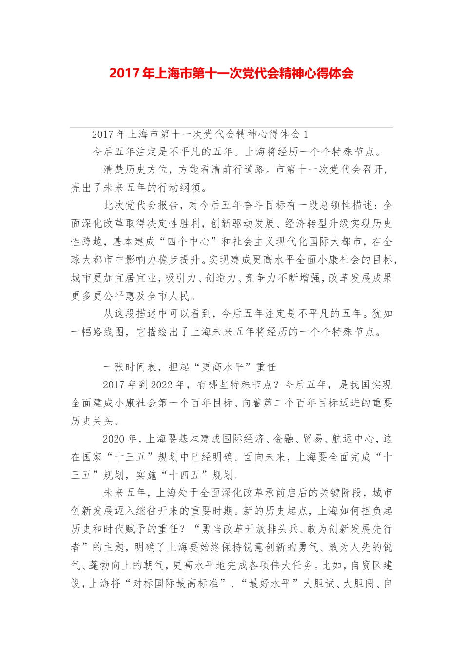 上海市第十一次党代会精神心得体会_第1页