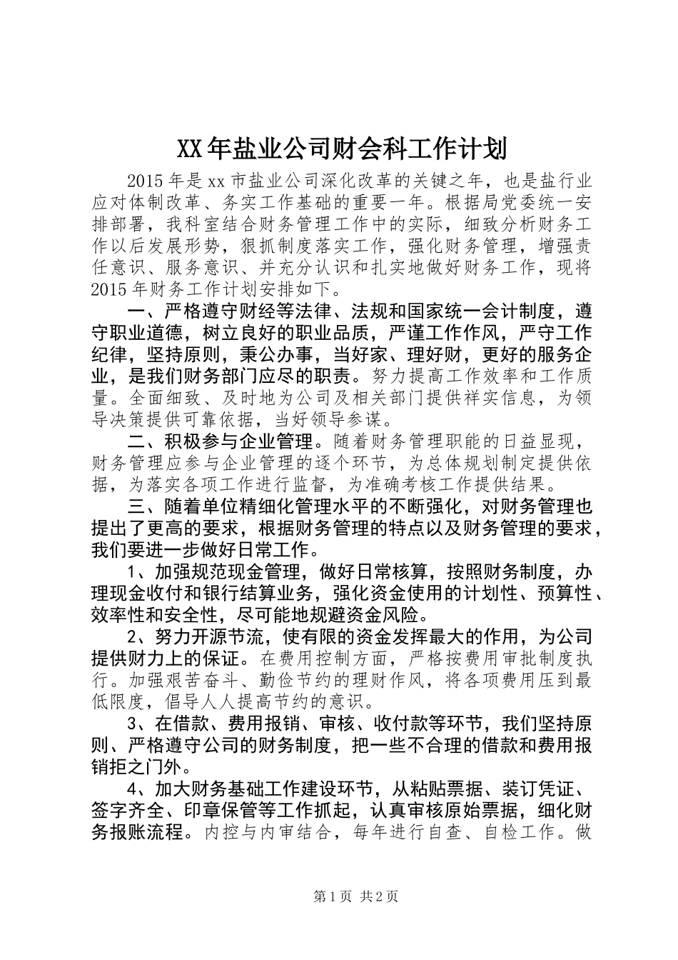 XX年盐业公司财会科工作计划_第1页