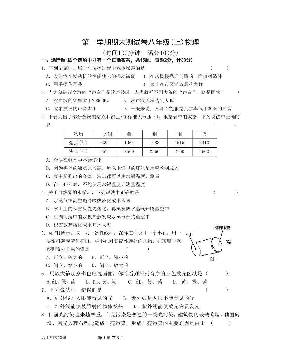 苏科版八年级物理上期末测试试卷_第1页