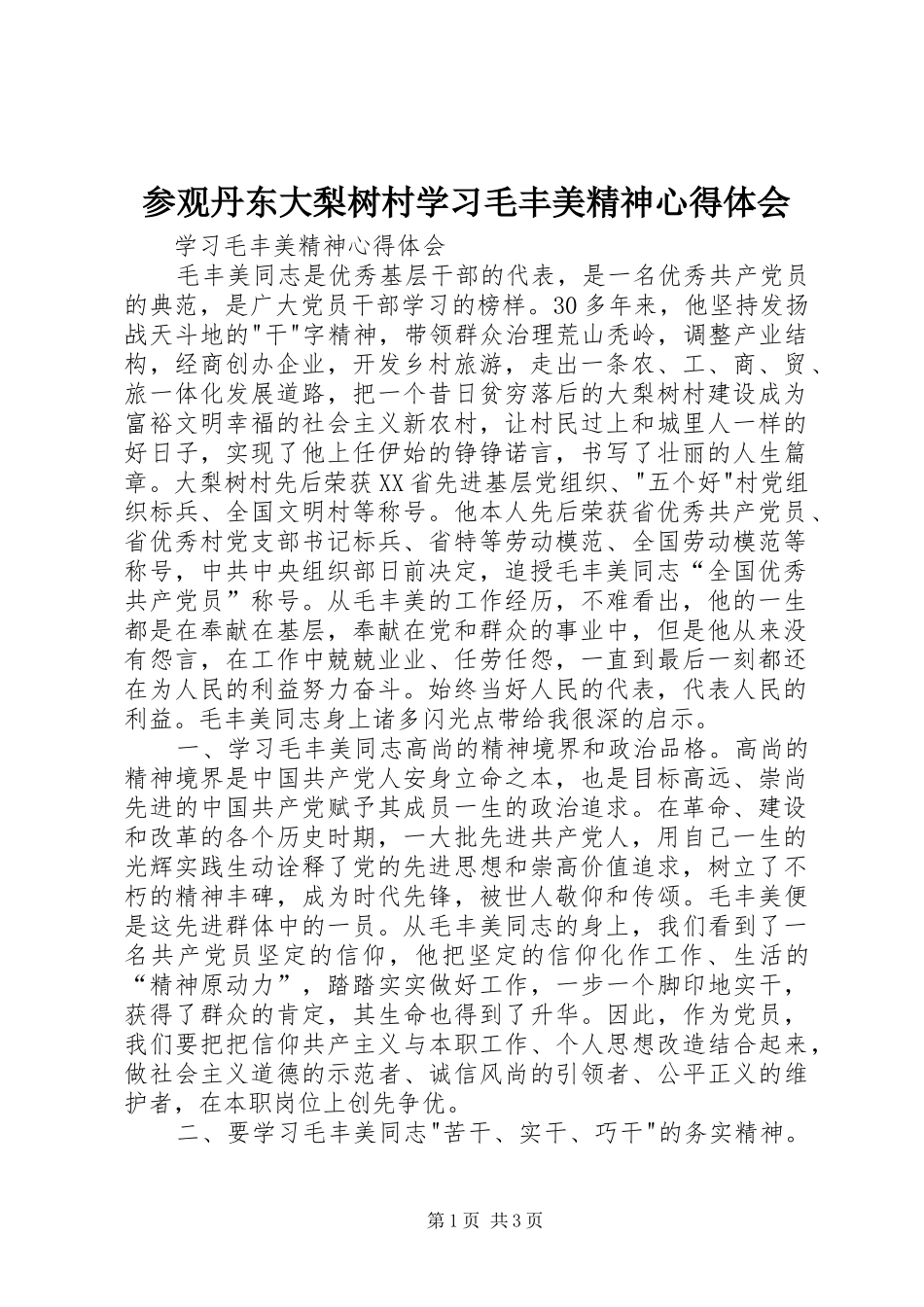 参观丹东大梨树村学习毛丰美精神心得体会 _第1页