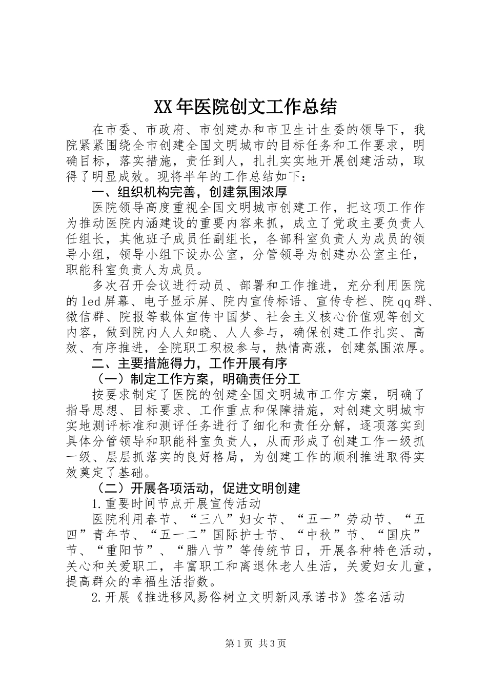 XX年医院创文工作总结_第1页