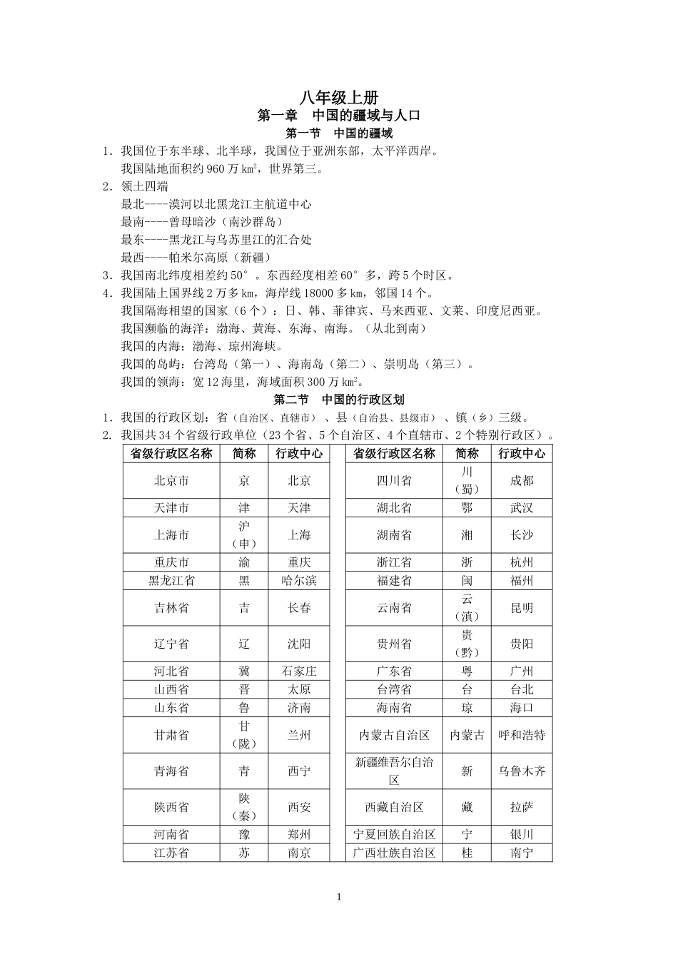 八年级上册地理复习资料_免费_第1页