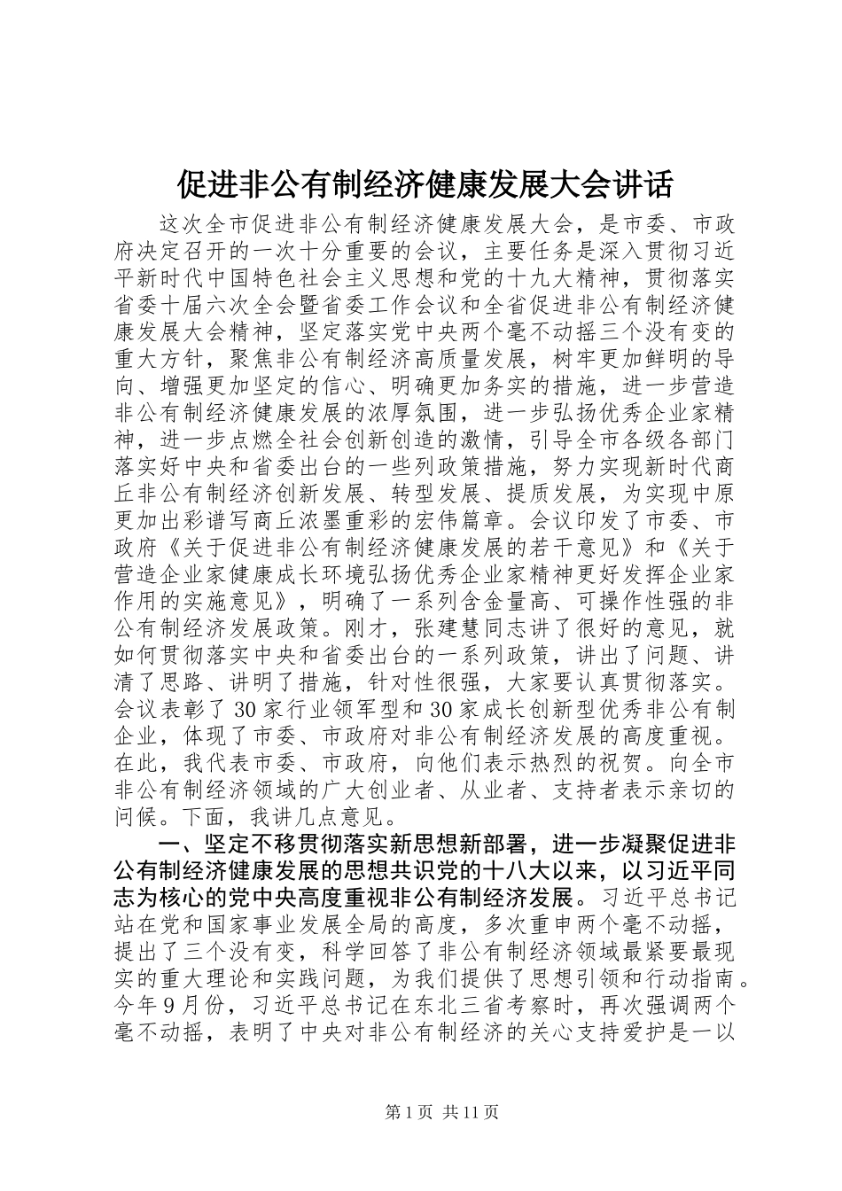 促进非公有制经济健康发展大会讲话_第1页