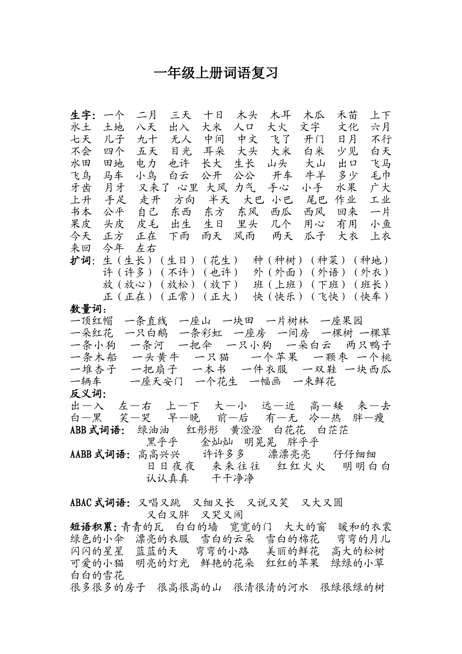 小学一年级上册词语复习_第1页