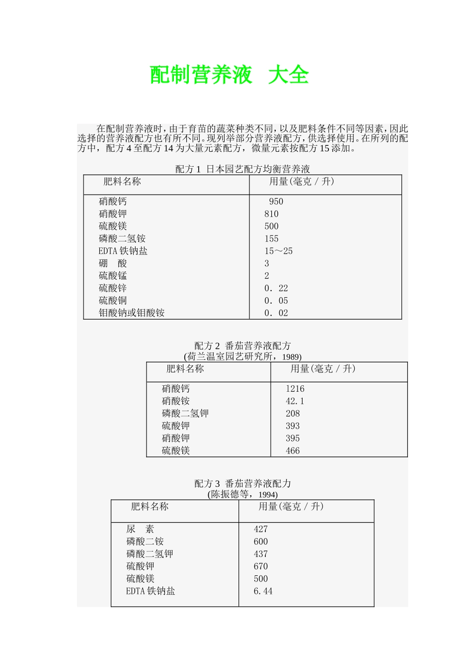 无土栽培营养液配方大全_第1页